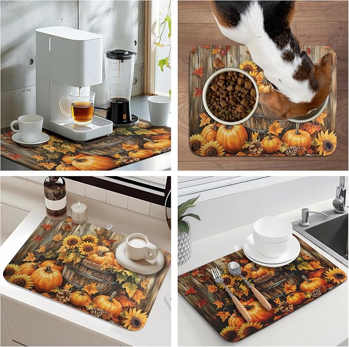Fall Pumpkin Dish Drying Mat Autumn Maple Leaves Thanksgiving Large Kitchen - Image 7