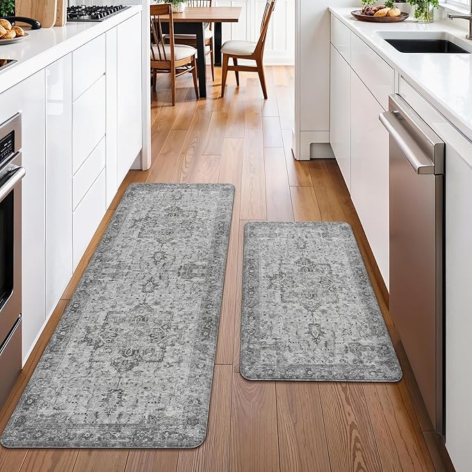 GENIMO Kitchen Mats for Floor 2PCs, Washable Anti Fatigue Mat for Cushioned, 17.3"x47"+17.3"x30", Waterproof Kitchen Rugs, Non Slip Standing Mat Rug for Home, Runner, Sink, Laundry, Vintage Grey