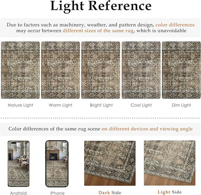 Vintage Area Rug 5x7 Brown Washable Living Room Large Carpet Non Slip Bedroom Indoor Office Low Pile Traditional Distressed Retro Accent Rug for Dining Room Bathroom Kitchen