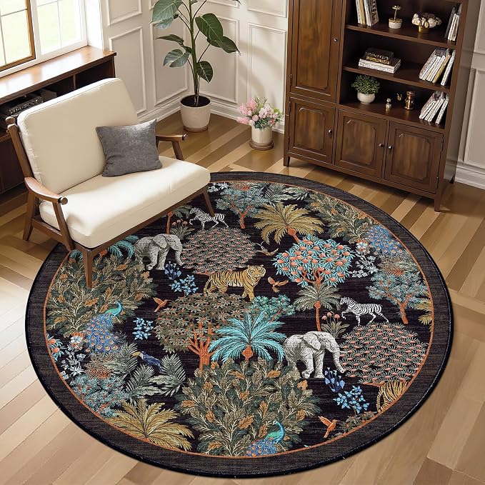 GarveeHome Jungle Round Washable Rugs 4ft Non-Slip Soft Round Rug by GarveeHome