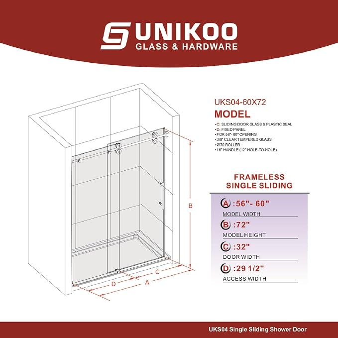 56-60 Inch x 72 Inch Sliding Frameless Shower Door, 3/8" Tempered Glass - Image 2