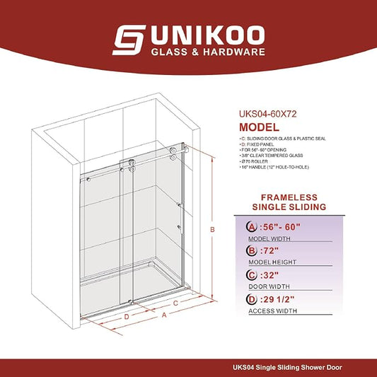 56-60 Inch x 72 Inch Sliding Frameless Shower Door, 3/8" Tempered Glass - Image 2