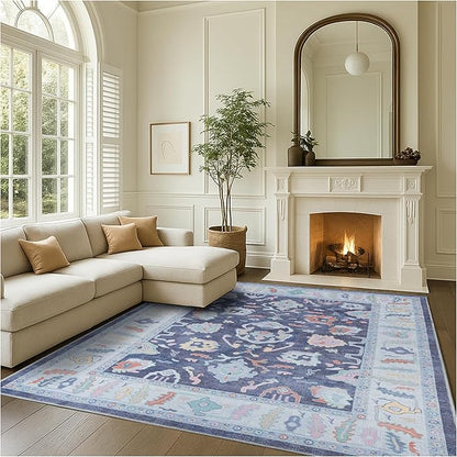 Fame Rugs Navy Blue Modern Oushak Rug 8x10, Vintage Turkish Colorful Oriental Washable Antique Inspired Large Area Rugs, Luxury Living Room Bedroom (388NB, 7'6 x 10')