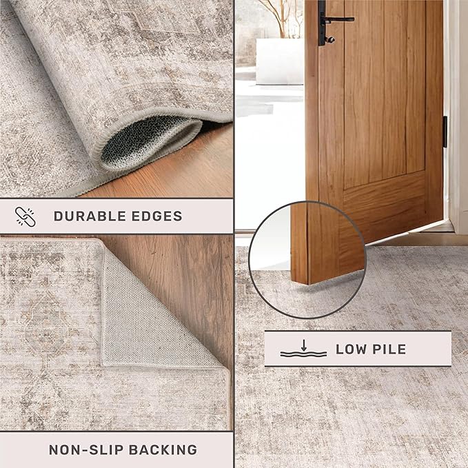 Washable Beige Brown Rugs for Entryway Indoor - 3x4 Throw Rug for Large Kitchen, Bedroom Bedside, Bathroom, Mudroom, Mordern Abstract Medallion Décor, Non Slip Low Pile Fade Resistant