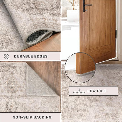 Washable Beige Brown Rugs for Entryway Indoor - 3x4 Throw Rug for Large Kitchen, Bedroom Bedside, Bathroom, Mudroom, Mordern Abstract Medallion Décor, Non Slip Low Pile Fade Resistant