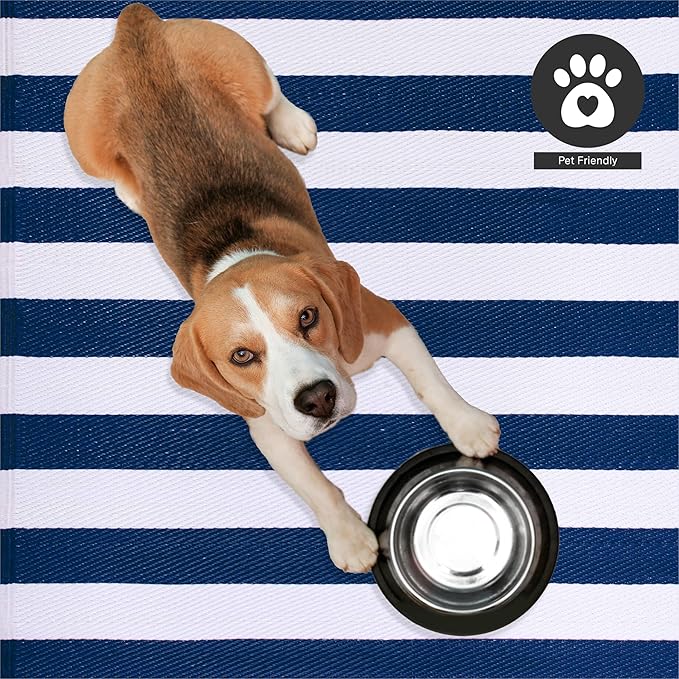 FH Home Outdoor Rug - Waterproof, Fade Resistant, Reversible - Premium Recycled Plastic - Striped - Large Patio, Deck, Sunroom, Camping, RV - Brittany Stripe - Blue & White Crease Free - 5 x 8 ft