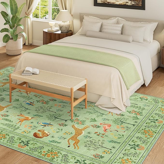 DUKINO 5x7 Rug, Washable Animal Living Room Rug with Non Slip Vintage Design, Soft Low Pile Large Carpet for Bedroom, Nursery, Dining Room, Farmhouse, Playroom, Light Green