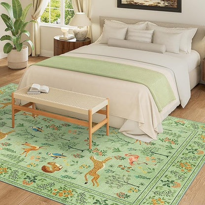 DUKINO 5x7 Rug, Washable Animal Living Room Rug with Non Slip Vintage Design, Soft Low Pile Large Carpet for Bedroom, Nursery, Dining Room, Farmhouse, Playroom, Light Green