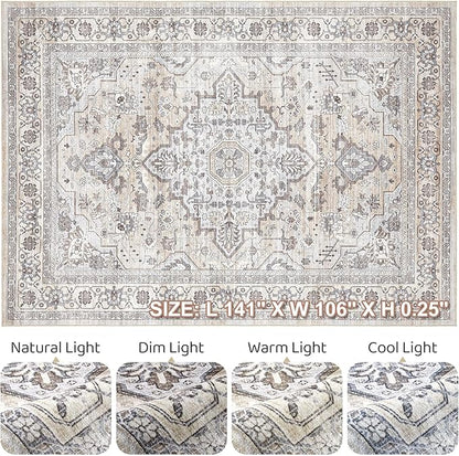 9x12 Area Rug Living Room: Washable Boho Large Neutral Vintage Soft Rugs Stain Resistant Farmhouse Non Slip Indoor Floor Carpet for Bedroom Nursery Kids Playroom Office Dining Room Home- Ivory Gray