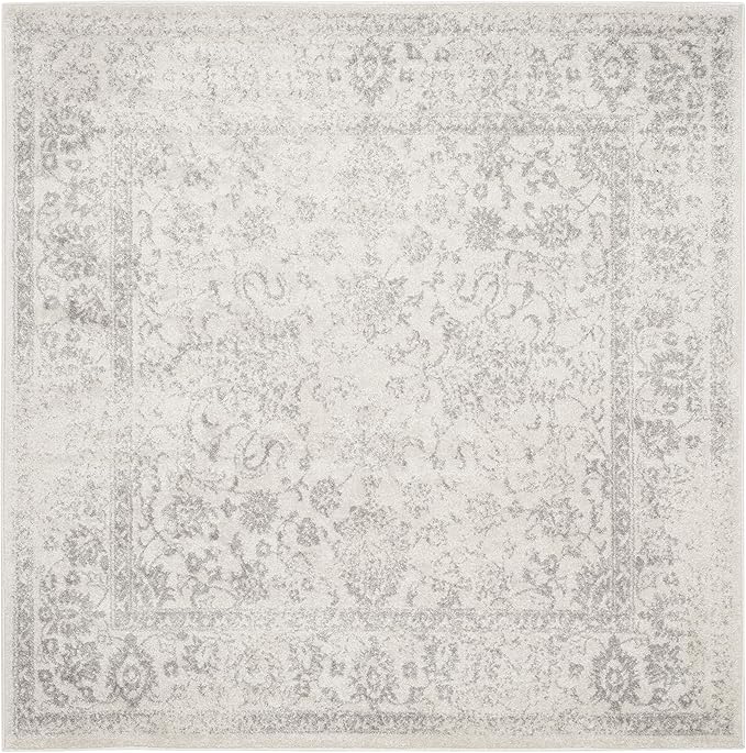 SAFAVIEH Adirondack Collection Area Rug - 3' Square, Ivory & Silver, Distressed Vintage Floral Design, Non-Shedding & Easy to Clean, Ideal for Living Room, Bedroom, Dining Space (ADR109C)