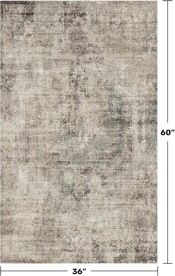3x5 Entryway Rugs Indoor - Taupe Washable Farmhouse Area Rug for Bedroom, Kitchen, Laundry Room, Brown Vintage Home Décor, Low Pile & Soft Stain Resistant Carpet