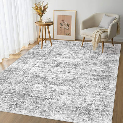 Vintage Living Room Area Rug 6x9 - Large Soft Washable Oriental Traditional Distressed Farmhouse Rugs for Bedroom - Indoor Floor Accent Carpet for Home Office House Decor - Distressed Grey