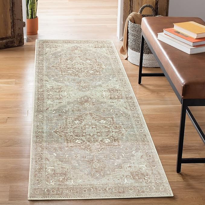 Bloom Rugs Washable Non-Slip 7 ft Runner - Beige/Gray Traditional Runner for Entryway, Hallway, Bathroom, and Kitchen - Exact Size: 2.5' x 7'