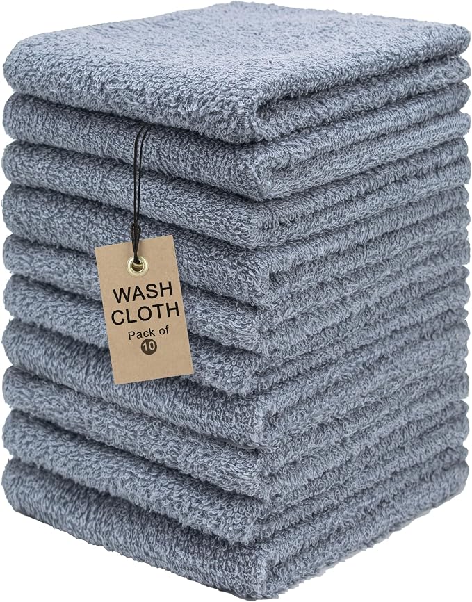 Textila Terry Wash Cloths – Pack of 10, Cool Grey, 12x12 Inches – Soft by TEXTILA