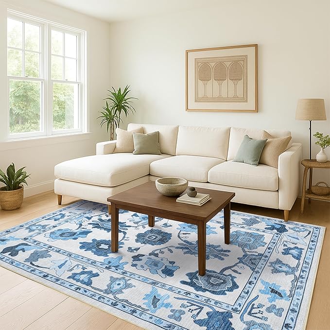 Fame Living Navy Blue Oushak Rug, Modern, Vintage, Turkish, Eclectic, Floral, Pastel, Washable, Area Rugs for Living Room, Dining, Bedroom, Nursery, Girls, Boys, 5'9"x8'9"