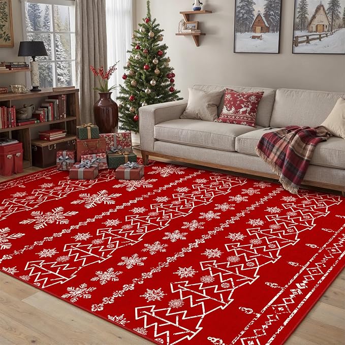 Christmas Area Rug 5x7 Red Washable Kitchen Carpet Xmas Snowflake Holiday Decor by PureCozy
