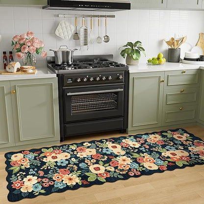 DUKINO 2.6x8 Runner Rug for Hallway, Washable Kitchen Rug with Non Slip Backing & Non-Shediing, Soft Low Pile Floral Design Runner for Bedroom, Kithchen, Living Room, Laundry, Bathroom, Navy Blue
