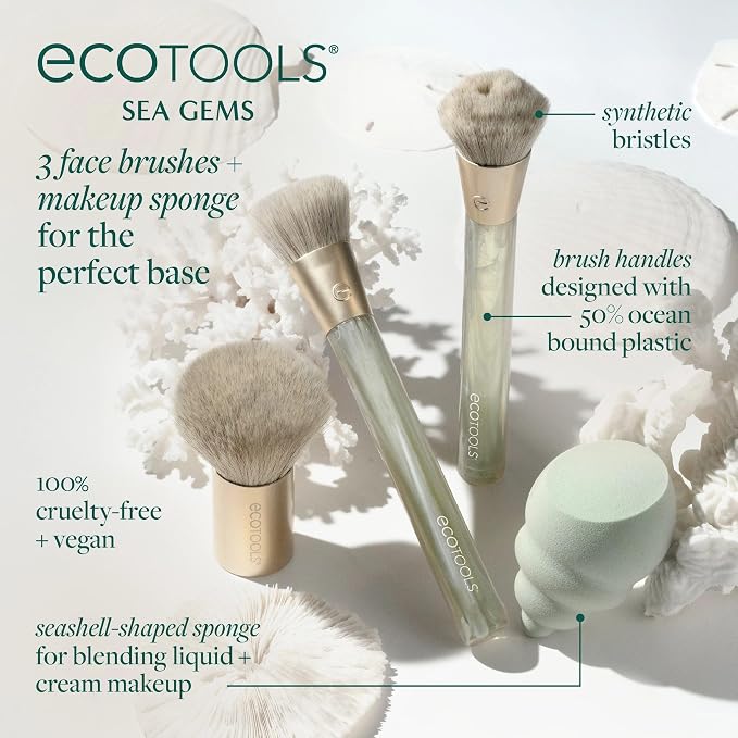EcoTools Sea Gems Face Makeup Brush & Sponge 4 Piece Set, Eco-Friendly Makeup - Image 2