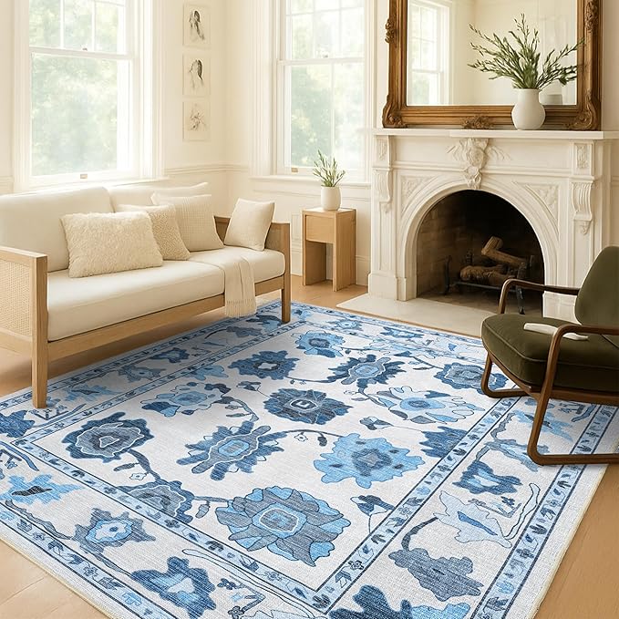 Fame Living Navy Blue Oushak Rug, Modern, Vintage, Turkish, Eclectic, Floral, Pastel, Washable, Area Rugs for Living Room, Dining, Bedroom, Nursery, Girls, Boys, 5'9"x8'9"
