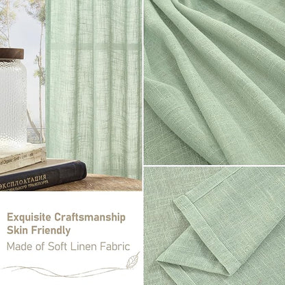 LAMIT Semi Sheer Window Linen Curtains 63 Inch Length, Light Filtering Panels Back Tab and Rod Pocket Country Decor Drapes for Bedroom/Living Room, Fresh Green, 2 Panels, 34 x 63 Inch