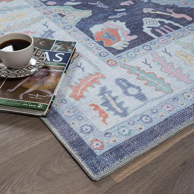 Fame Rugs Navy Blue Modern Oushak Rug 8x10, Vintage Turkish Colorful Oriental Washable Antique Inspired Large Area Rugs, Luxury Living Room Bedroom (388NB, 7'6 x 10')