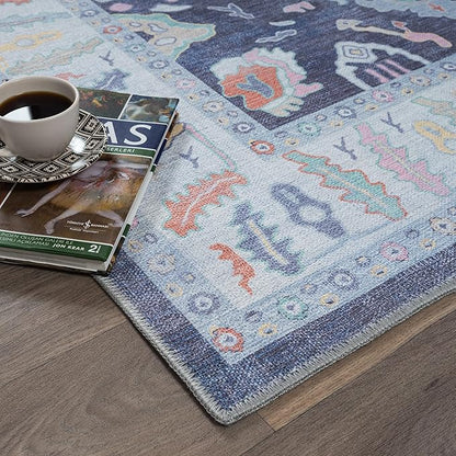 Fame Rugs Navy Blue Modern Oushak Rug 8x10, Vintage Turkish Colorful Oriental Washable Antique Inspired Large Area Rugs, Luxury Living Room Bedroom (388NB, 7'6 x 10')