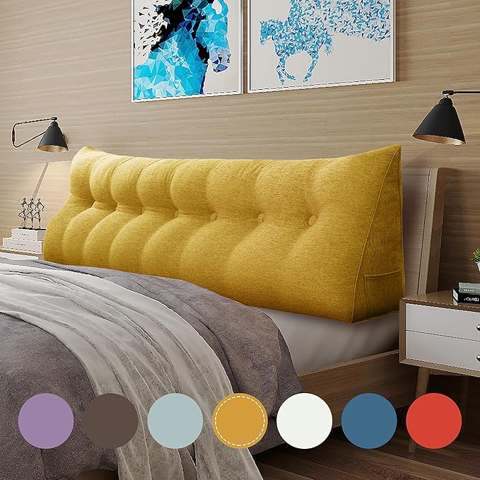 Wedge Headboard Pillow Dorm Room Reading Pillow Back Support for Sitting Up in Bed Bolster Lumbar Cushion Body Positioning Bedrest Gifts for Mom Cotton Linen 76in Yellow King