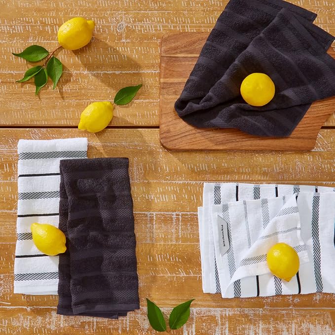 KitchenAid Albany Kitchen Towel 4-Pack Set, Matte Black/White - Image 2