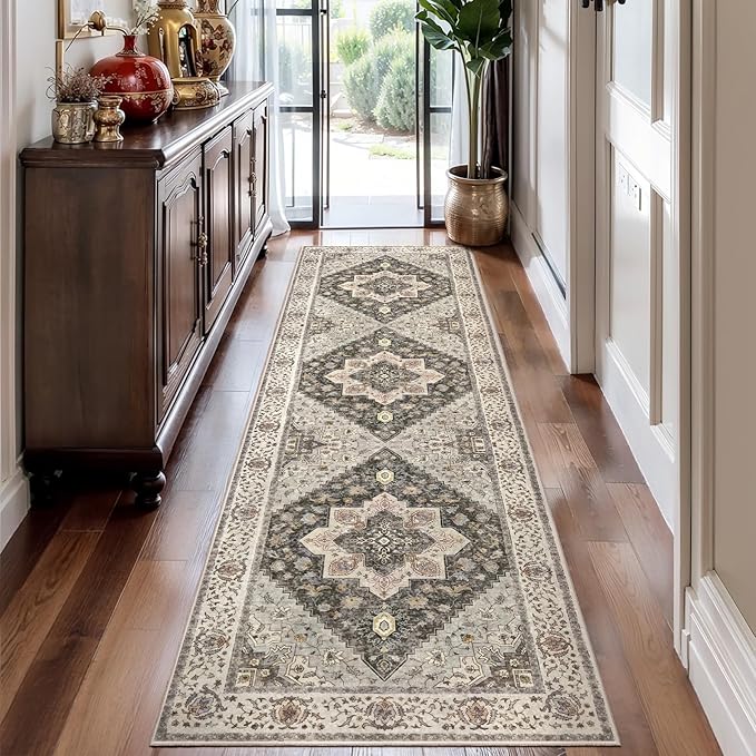 Tangsoo 2.6x8 Washable Runner Rug for Hallways, Non Slip Vintage, Soft Low Pile Long Runner, Print Distressed Grey Carpet Runners for Kitchen Bedroom Entryway Bathroom Living Room