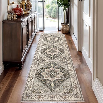 Tangsoo 2.6x8 Washable Runner Rug for Hallways, Non Slip Vintage, Soft Low Pile Long Runner, Print Distressed Grey Carpet Runners for Kitchen Bedroom Entryway Bathroom Living Room