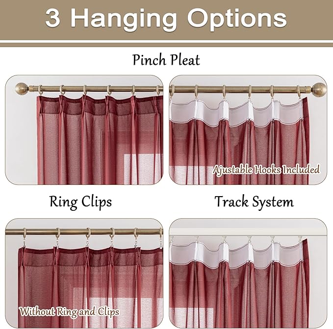 MAIHER 120 Inches Long Pinch Pleat Sheer Curtains for Living Room Ceiling to Floor Light Filtering Pleated Drapes with Adjustable Hooks Soft Touch 10ft Curtains, Burgundy, 42" W x 120" L, 2 Panels