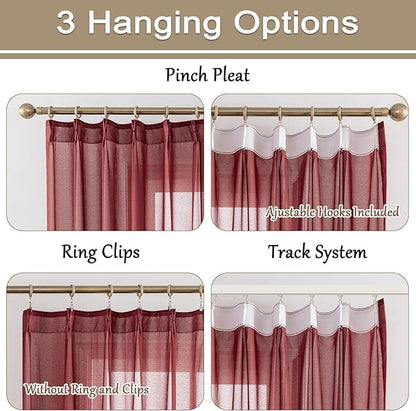 MAIHER 120 Inches Long Pinch Pleat Sheer Curtains for Living Room Ceiling to Floor Light Filtering Pleated Drapes with Adjustable Hooks Soft Touch 10ft Curtains, Burgundy, 42" W x 120" L, 2 Panels