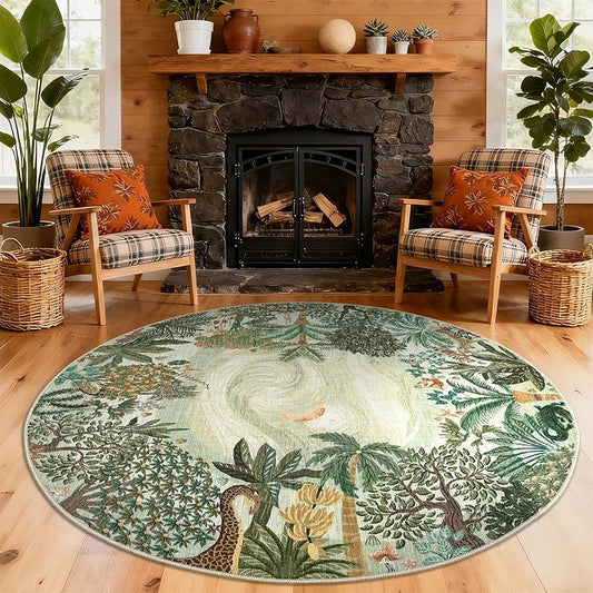 GarveeHome Round Area Rugs 8ft for Living Room, Large Green Jungle Washable by GarveeHome