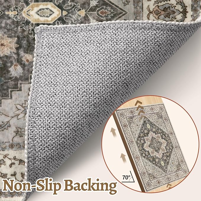 Tangsoo 2x6 Washable Runner Rug for Hallways, Non Slip Vintage Runner, Soft Low Pile Long Rug Runner, Print Distressed Grey Carpet Runners for Kitchen Bedroom Entryway Bathroom Living Room