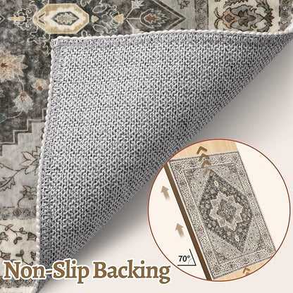 Tangsoo 2x10 Washable Runner Rug for Hallways, Non Slip Vintage Runner Rug, Soft Low Pile Long Runner, Print Distressed Grey Carpet Runners for Kitchen Bedroom Entryway Bathroom Living Room