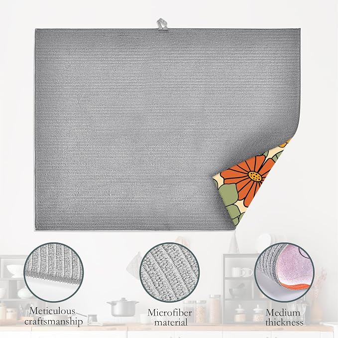 Retro 70s Groovy Flowers Dish Drying Mats 18x24 Inch, Daisy Boho Dish Pad - Image 4