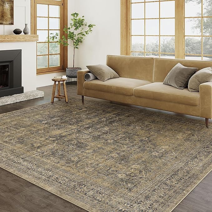 8x10 Brown Black Area Rug for Living Room Washable Vintage Distressed Carpet Large Bedroom Low Pile Non Slip Indoor Soft Retro Throw Accent Rug Office Kitchen Bathroom Dining Room