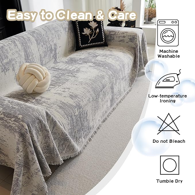 MEETSKY Couch Cover for Sectional Sofa Set Abstract Geometric Chenille Sofa Cover Washable for Dog Friendly, Couch Cover 3 Seat Couch Protector Multi-Use Blanket for Living Room, 91"x150", Light Grey