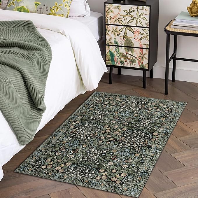 MUJOO 2x3 Washable Rug,Floral Small Area Rugs for Bathroom Entryway Entry Bedroom Bedside,Boho Front Door Mat Indoor Entrance Throw Carpet Botanical Vintage Non Slip Ultra-Thin Black and Green