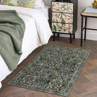 MUJOO 2x3 Washable Rug,Floral Small Area Rugs for Bathroom Entryway Entry Bedroom Bedside,Boho Front Door Mat Indoor Entrance Throw Carpet Botanical Vintage Non Slip Ultra-Thin Black and Green