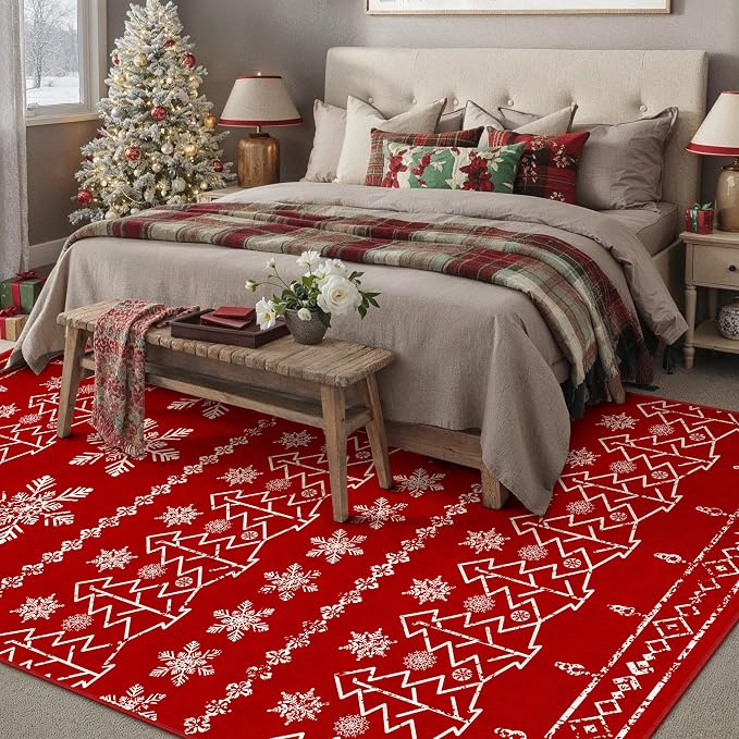 Christmas Area Rug 5x7 Red Washable Kitchen Carpet Xmas Snowflake Holiday Decor - Image 5
