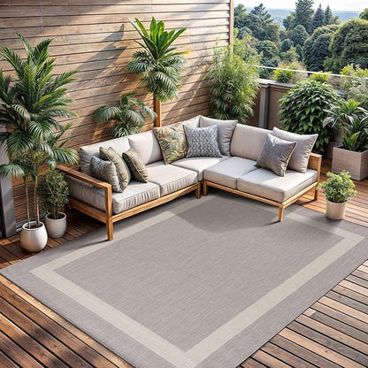 CAMILSON Outdoor Rug 8x10,Modern Outside Rugs for Patios Porches Waterproof Durable Washable Non-Shedding, Easy-to-Clean Indoor Outdoor Area Carpet (8 x 10, Bordered - Gray/White)