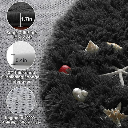 ONASAR Black Round Area Rug 4ft, Soft Bedroom Circle Rugs Floor Mats for Kids Girls Boys Teen Room, Fluffy Plush Shaggy Carpet for Baby Nursery Living Room Playroom Dorm Home Decor