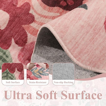 DUKINO 4x6 Area Rug, Floral Non-Slip Indoor Washable Rug with Low Pile & Non-Shedding, Lightwight Boho Design Carpet for Entryway, Bedroom, Kids Room, Living Room, Kitchen, Pink