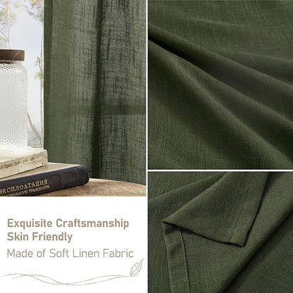 LAMIT Olive Green Linen Kitchen Curtains 24 Inch Length, Semi Sheer Light Filtering Window Panels Back Tab and Rod Pocket Drapes for Basement/Small Windows, 25 x 24 Inch, 2 Panels