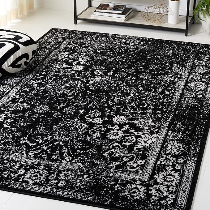 SAFAVIEH Area Rug 3x5 - Adirondack Collection - Black & Ivory, Distressed Vintage Floral Design, Non-Shedding & Easy to Clean, Ideal for Living Room, Bedroom, Dining Space (ADR109Z)
