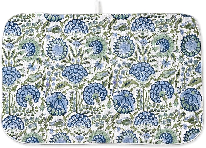 Blue Sage Green Floral Dish Drying Mats 18x24 Inch Sage Green Block Print by GOLIANDA