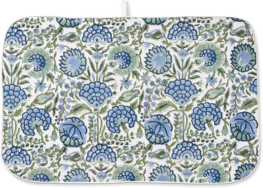 Blue Sage Green Floral Dish Drying Mats 18x24 Inch Sage Green Block Print by GOLIANDA