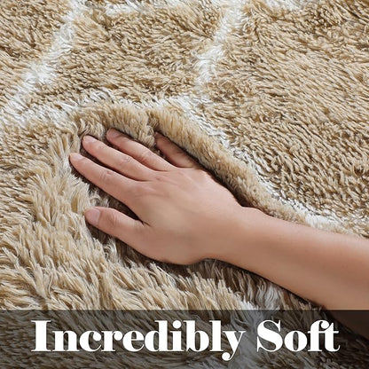 ONASAR Area Rugs for Bedroom Living Room, Washable 4x6 Fluffy Beige and White Throw Rug, Geometric Soft Shaggy Fuzzy Plush Indoor Floor Carpet for Kids Teen Nursery Dorm Office Home Decor Aesthetic