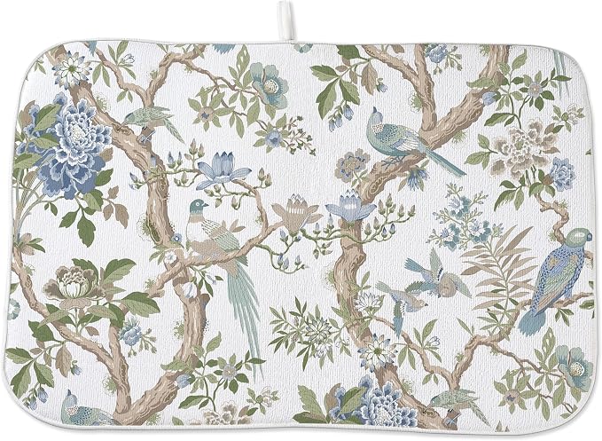 Blue Green Floral Bird Dish Drying Mats 18x24 Inch Blue Green Vintage Flowers by GOLIANDA